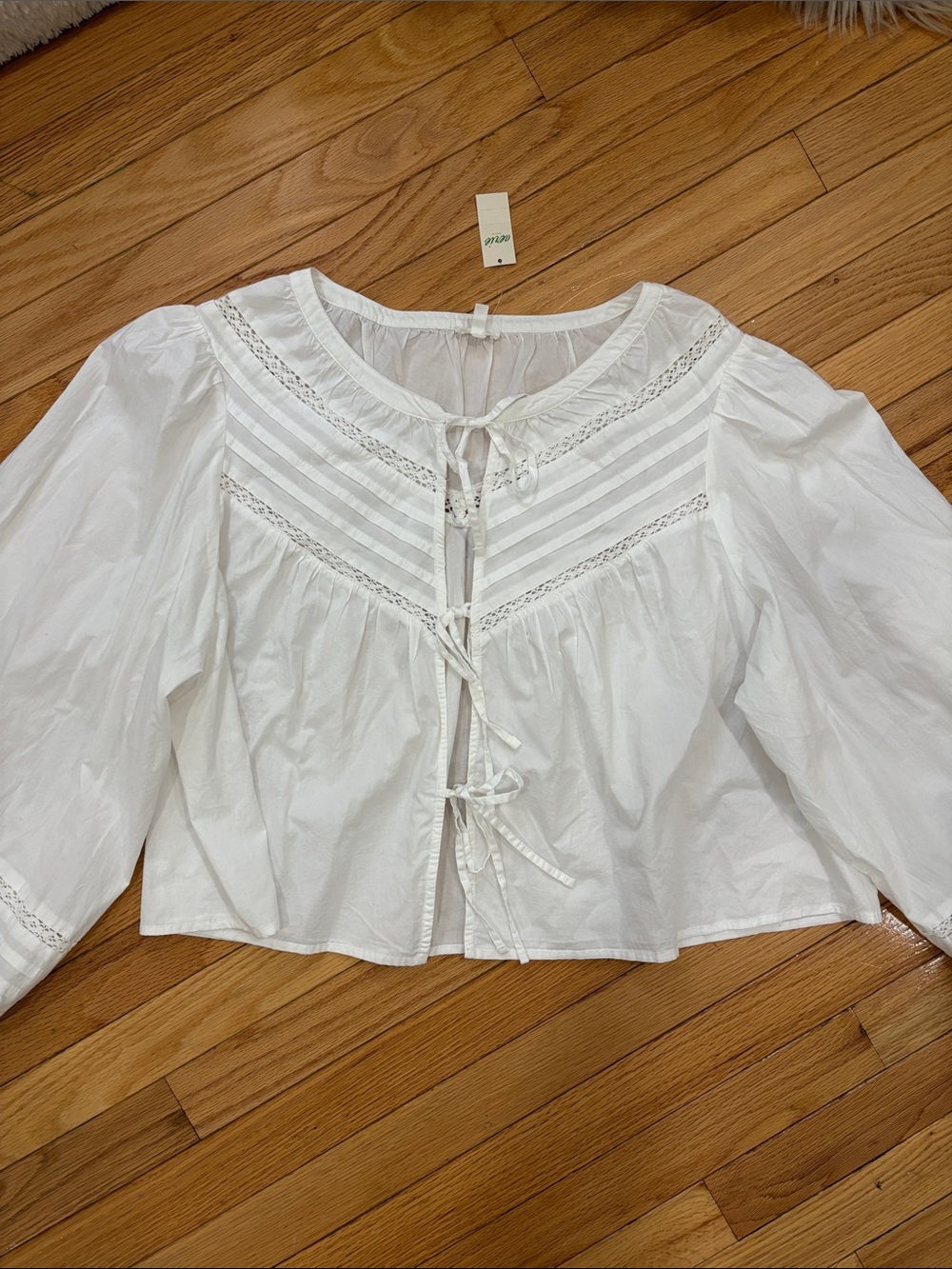 aerie White Lace-Trim Tie-Front Peasant Top